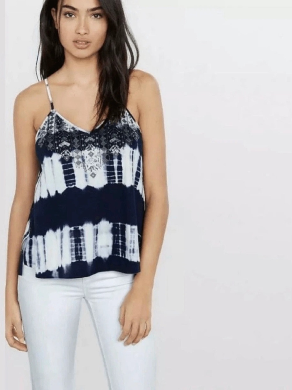 NWOT Express Navy Blue Tie Dye Dip Sequin Embellished Tank Top - Sz S